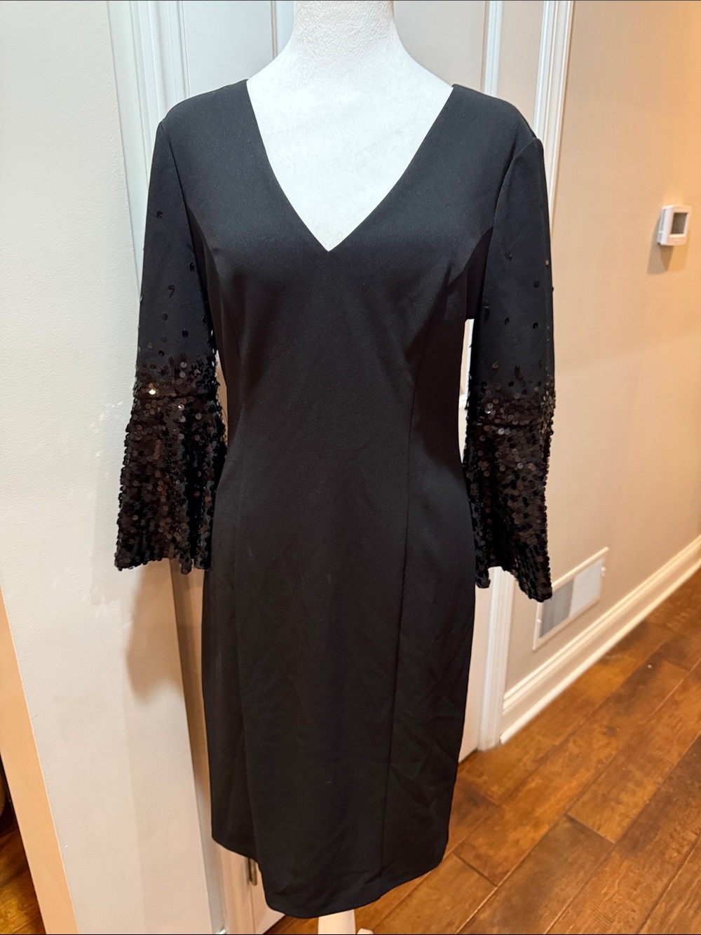Vince Camuto Black V-Neck Midi Dress with Sequin Bell Sleeves